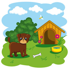 Illustration with dog, kennel and nature.