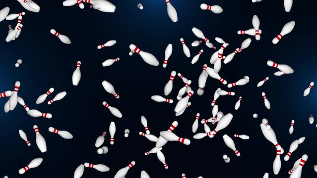3D 4K bowling pin particle loop animation Background. Skittles and bowling ball. Close-up. Activities and entertainment. Outdated Bowling Equipment. Bowling and sport leisure standing concept.