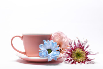 Ceramic cup and flowers isolated on white background. Love, valentine's day concept
