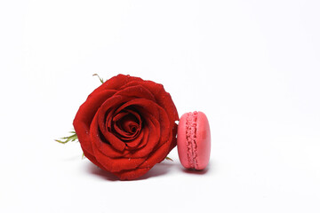 Food, romantic, valentine's day concept. Pink French macaroon with red rose isolated on white background