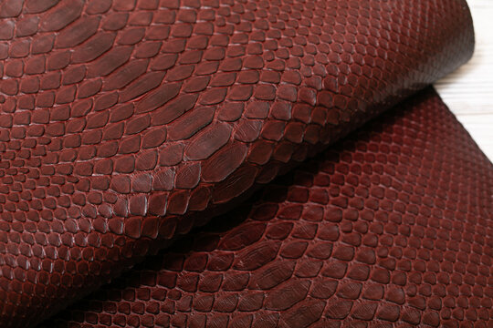 brown dyed genuine natural python leather on the wooden table	