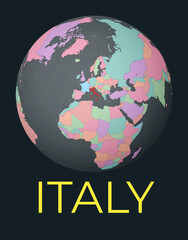 World map centered to Italy. Red country highlighted. Satellite world view centered to country with name. Vector Illustration.