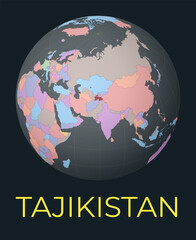 World map centered to Tajikistan. Red country highlighted. Satellite world view centered to country with name. Vector Illustration.