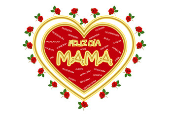 Feliz día de la madre, corazón y rosas rojas - obrazy, fototapety, plakaty