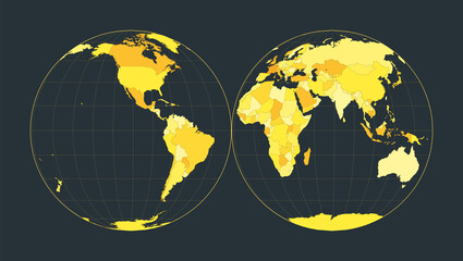 World Map. Mollweide projection interrupted into two equal-area hemispheres. Futuristic world illustration for your infographic. Bright yellow country colors. Creative vector illustration.