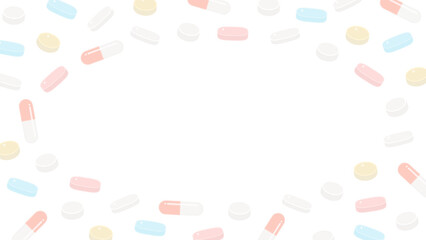 薄い色味のカラフルな飲み薬のフレーム - 複数の種類の錠剤やカプセル薬・サプリ・薬物のイメージ素材
