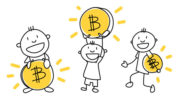 A set of characters with a bitcoin coin in their hands. Vector simple linear drawing of a cryptocurrency theme.
