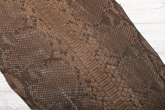 Brown dyed folded natural genuine python leather on the wooden table	