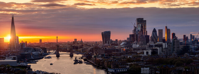 Beautiful, panoramic sunset view of the skyline of London from a unique, elevated viewpoint