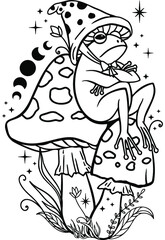 Fototapeta na wymiar grumpy funny frog with mushrooms moon and stars, Celestial Frog, Magic toad with moon phases