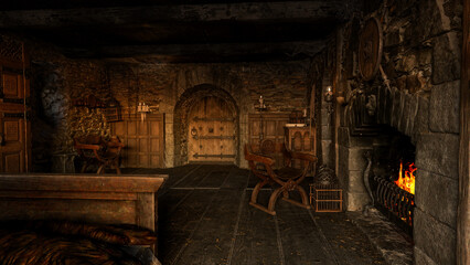 Fototapeta na wymiar Medieval bedroom with stone walls, candlelight and a burning open fire. 3D rendering.