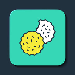 Filled outline Cookie or biscuit with chocolate icon isolated on blue background. Turquoise square button. Vector
