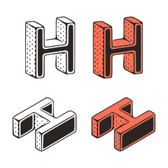 Isometric letter h doodle vector illustration on white background. Stylized letters clip art.