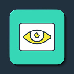 Filled outline Red eye effect icon isolated on blue background. Eye redness sign. Inflammatory disease of eyes. Turquoise square button. Vector