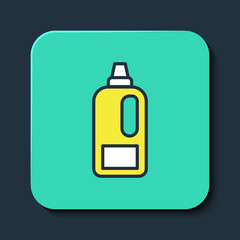 Filled outline Plastic bottle for laundry detergent, bleach, dishwashing liquid or another cleaning agent icon isolated on blue background. Turquoise square button. Vector