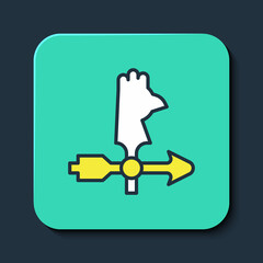 Filled outline Rooster weather vane icon isolated on blue background. Weathercock sign. Windvane rooster. Turquoise square button. Vector