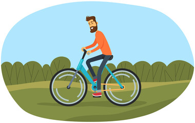 Guy in helmet and sportswear riding in forest. Man rides bicycle on sandy road. Male character doing sports outdoors. Sportsman cycling through trees. Person spends time on background of forest