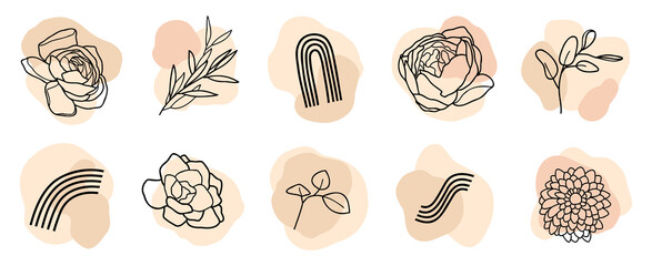 Abstract shapes and line art flowers vector set