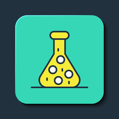 Filled outline Test tube and flask chemical laboratory test icon isolated on blue background. Laboratory glassware sign. Turquoise square button. Vector