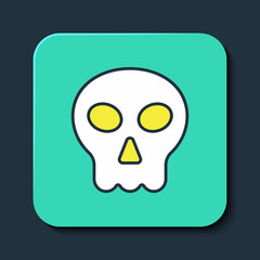 Filled outline Skull icon isolated on blue background. Happy Halloween party. Turquoise square button. Vector