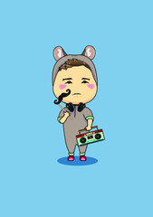 A cartoon drawing of a boy in a mouse costume with a vintage tape recorder, headphones and a prop moustache. Unusual party boy.