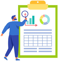 Reading report, survey concept. Man with magnifying glass looking for information in text document. Employee analyzes term of contract. Analysis data launch of new business project. Check startup data