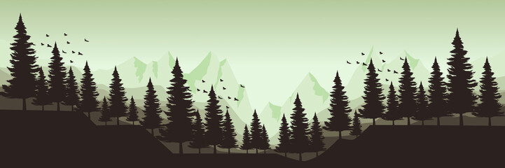 silhouette of forest with mountain landscape view flat design vector illustration good for background, wallpaper, background template, and backdrop design