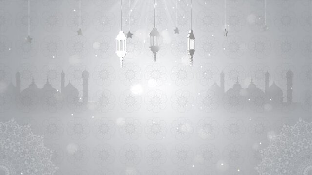 Beautiful 4k eid mubarak islamic white background with hanging ramadan candle lantern and mosque.