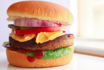 hamburger on a wooden table