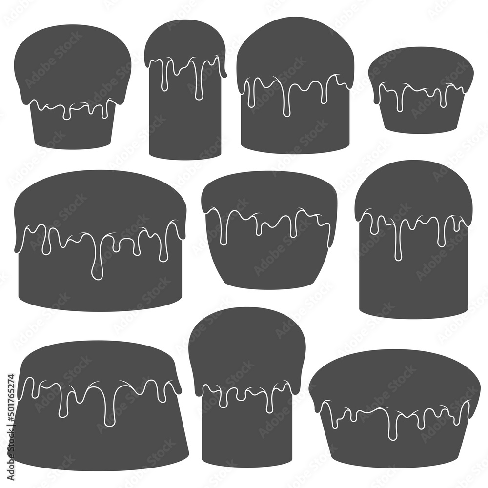 Poster set of black and white illustrations with easter cakes. isolated vector objects on a white backgroun