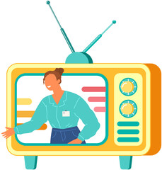Television studio with happy smiling woman reporter broadcasting news. Female presenter on old TV screen. Live broadcast, television with young lady. Retro receiver, screen of TV vector illustration