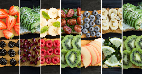 Collage of sandwiches with peanut butter, fruit and vegetable on the black wooden background. Top view.