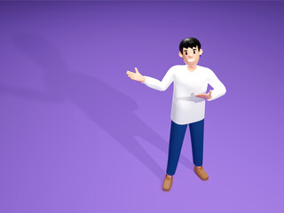 A man extends his hand to show a presentation with empty space