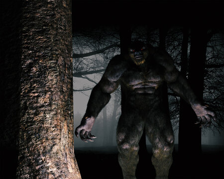 Illustration of the Gugwe bigfoot variant against a foggy forest background
