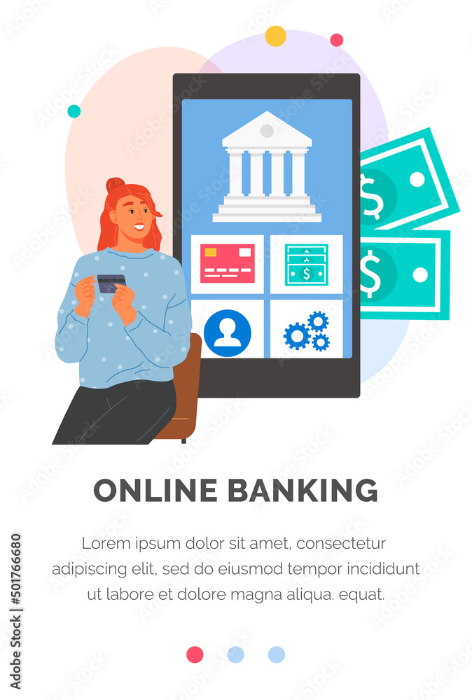 Poster online banking application on phone screen. woman uses program for virtual payment and operations wi