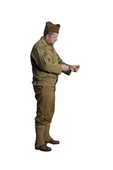 The man is an actor in military uniform of the American ranger of the Second World War period,...