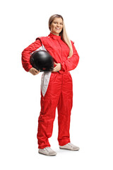 Female racer in a red suit posing and holding a helmet