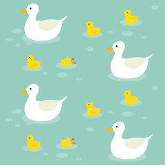 Duck and ducklings seamless pattern on green background.