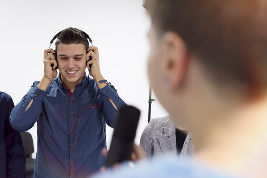 Students with video camera in computer lab, Filming in a Studio. Practic lessons