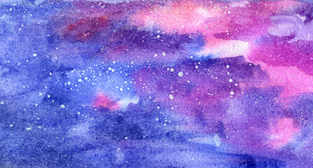 Beautiful watercolor blue-violet background with white splashes. Bright watercolor texture. Illustration.