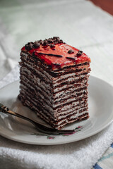 Delicious jelly cake on the table. Sweet breakfast