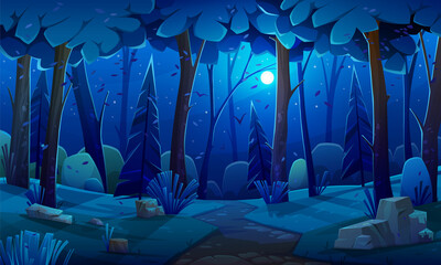 Night forest landscape with plants and trees. Dark wild wood background, mysterious place scenery. Forest edge under moonlight falling through crowns. Landscape of natural area vector illustration