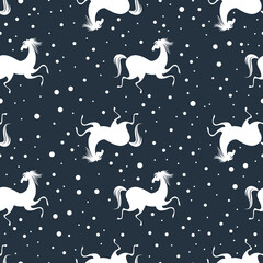 Stylish seamless pattern with running horses and dots in black, grey, white colors. Vector trendy fashion illustration. Works well as wrapping paper, textile print, background. Animal vintage design