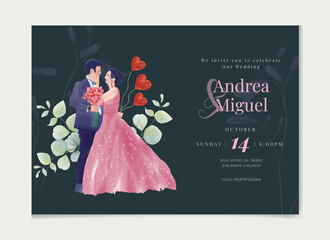 Bride and groom beautiful hand drawn watercolor wedding invitation set template Celebration, event, invitation, wedding dress, groom, romantic, pastel tones, wedding gate. Bridal flower bouquet, 
