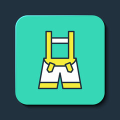 Filled outline Lederhosen icon isolated on blue background. Traditional bavarian clothing. Oktoberfest outfit. Pants with suspenders. Patrick day. Turquoise square button. Vector