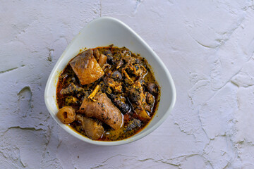 Nigerian Abak Atama, Banga with beef Soup in a bowl