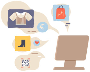 Buying goods in online store, e-commerce, internet shopping. Selection, order and cashless payment in shop. Program or website for choosing items via internet. Computer and online shopping icons