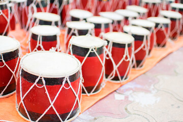Tablas , membranophones , pair of small drums. Handicrafts on display during the Handicraft Fair in Kolkata , earlier Calcutta, West Bengal, India. It is the biggest handicrafts fair in Asia.