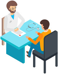 Male doctor and patient sitting at table. Man consulting with physician about health. Diagnostic, treatment and medical consultation in hospital concept. Sick person communicates with therapist