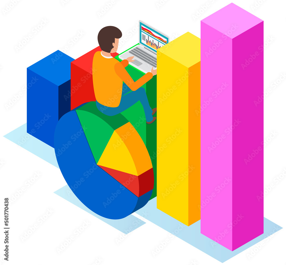 Poster visualize with business analytics. people work with statistical data analysis, changing indicators. 
